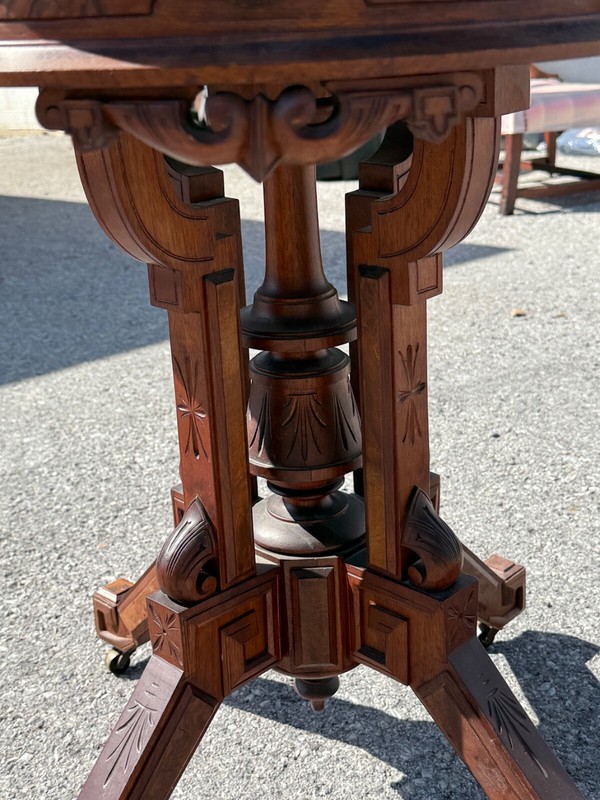 Antique Carved victorian walnut & rosewood marble top parlor center table stand gallery