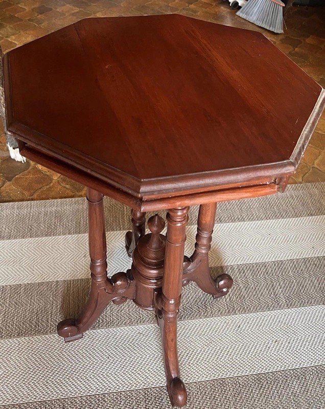 Victorian Antique Octagonal Wood Accent Table with Carved Base and Ornate Legs