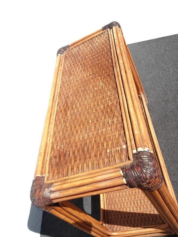 Vintage Rustic Console Sofa Table Tiki Palm Beach Style w Bamboo Rattan Leather gallery