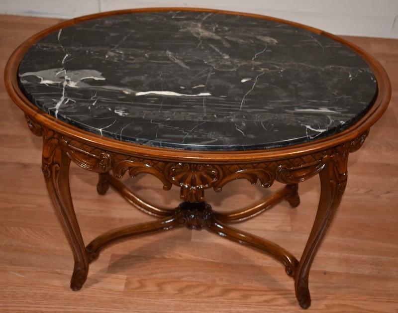 1920 Antique French Louis XV Walnut & Marble top coffee table / side table