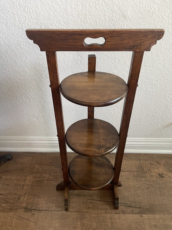 Vintage 3 Tier Wood Display Table Dark Oak Foldable 27-1/2” Tall, Shelves 7-1/2”