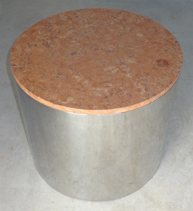 Pace Paul Mayen Style Polished Steel & Stone Drum Cylinder Table 70s Habitat 24"