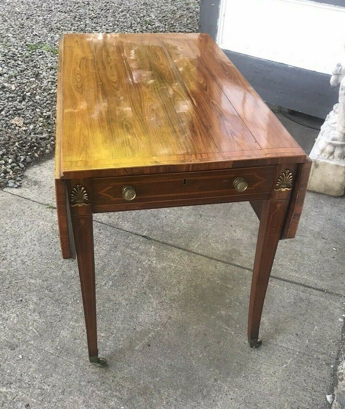 ANTIQUE EUROPEAN ROSEWOOD DROP LEAF SABRE LEG TABLE 2 DRAWER STAND gallery