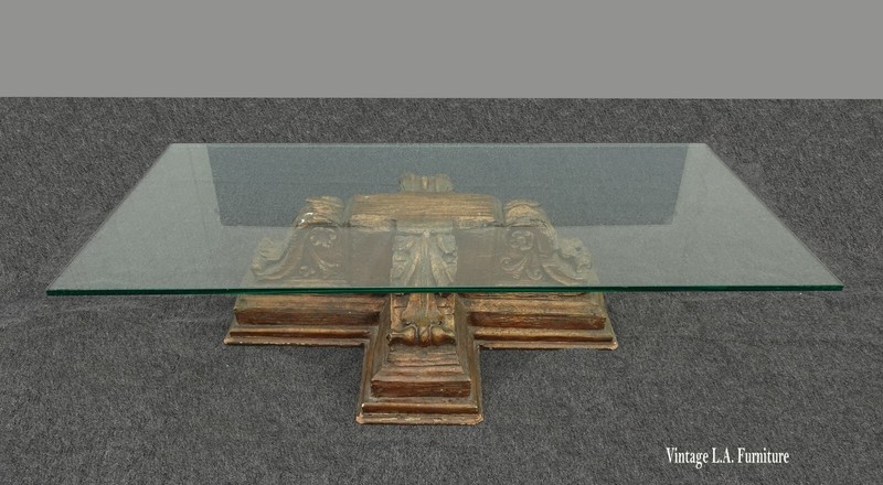 Large Vintage French Scrolled Pedestal Cocktail Coffee Table ~ Spanish Style