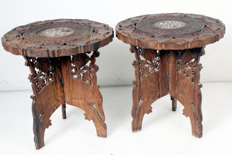 Pair Vintage Anglo-Indian Heavily Carved Side Tables NON Folding Petite Tables