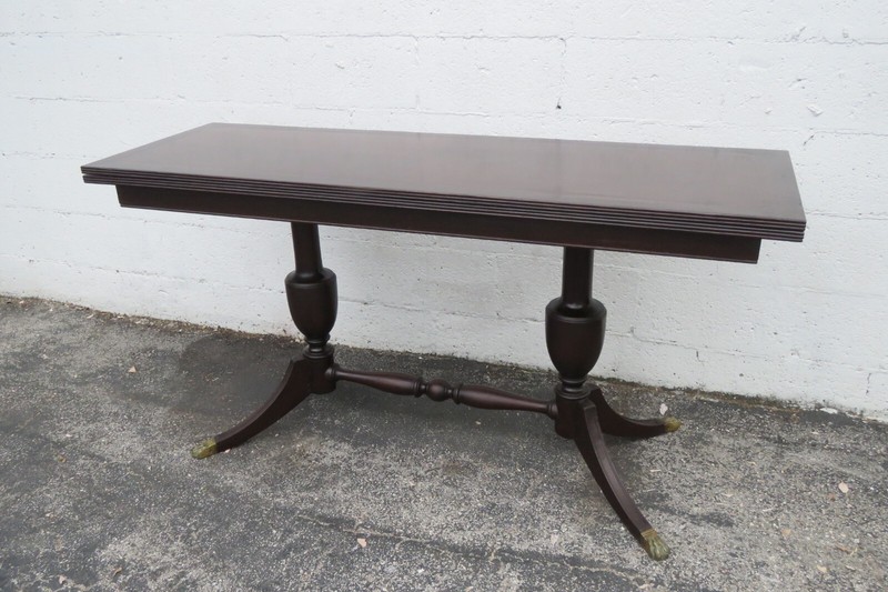 Early 1900s Carved Inlay Long Console Library Dining Extension Table 5433 gallery