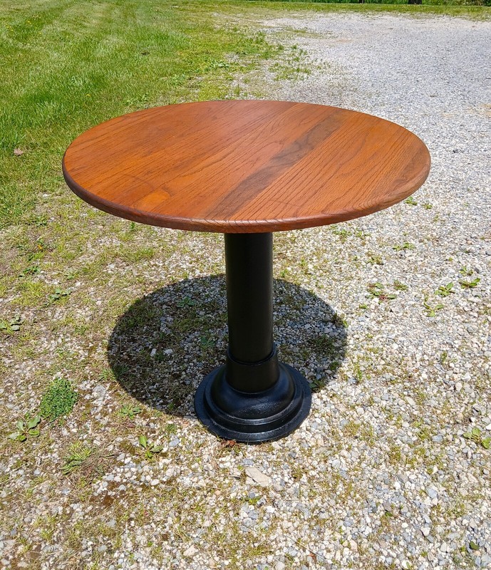 Antique Round Oak Top Pub Table or Game Table with Cast Iron Column Base gallery