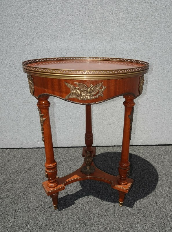 Vintage French Louis XVI Side Table w Brass Ormolu Marquetry Inlay Brass Fencing gallery