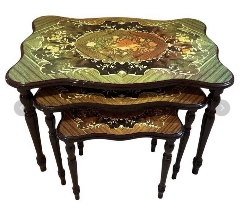 3-Piece Nesting Tables – Inlaid Floral Marquetry, Dark Wood