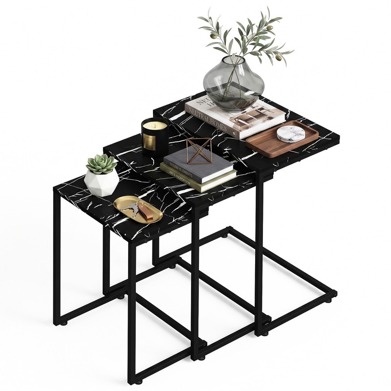 C-Shaped End Table Sofa Side Table Tray Sturdy Wooden Table Black Set of 3