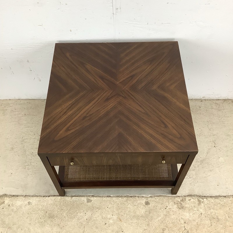 Mid-Century End Table with Drawer and Woven Shelf gallery