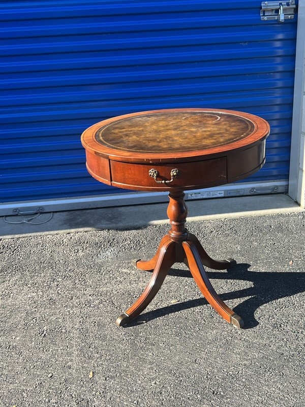Antique Mahogany Drum Table: Leather Top, Drawer, Saber Legs Brass Paw Feet 27”