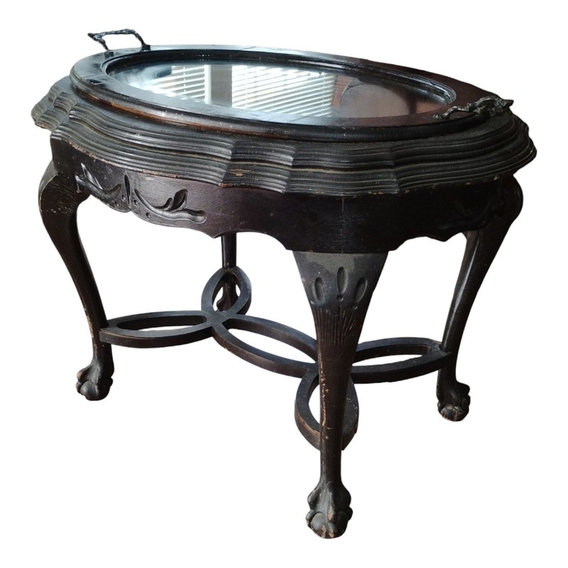 Antique French Carved Small Serving Tray Renaissance Glass Walnut Cocktail Table