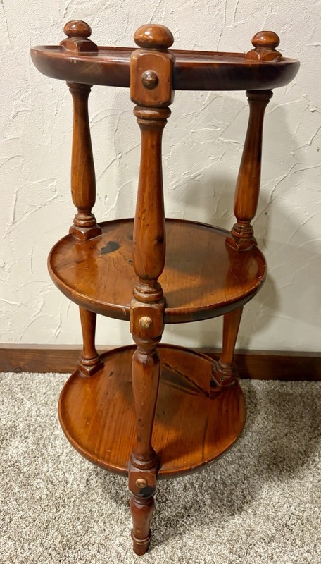 1970s Ethan Allen Old Tavern Collection Pine 3-Tier Etagere Stand Table gallery
