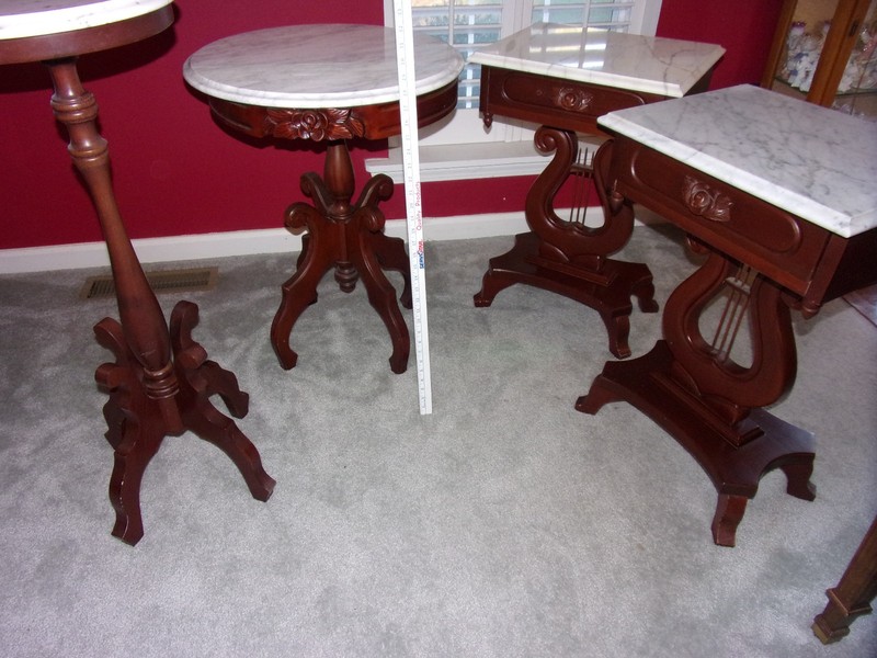 Victorian Set 2 Mahogany Lyre Harp Tables Marble Top - other pieces available gallery
