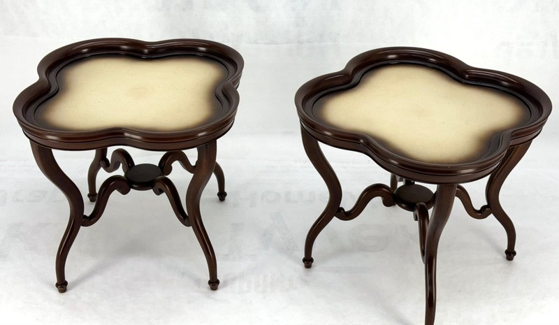 Pair Mahogany Clover Shape Light Cream Leather Top Lamp End Tables Stands MINT! gallery