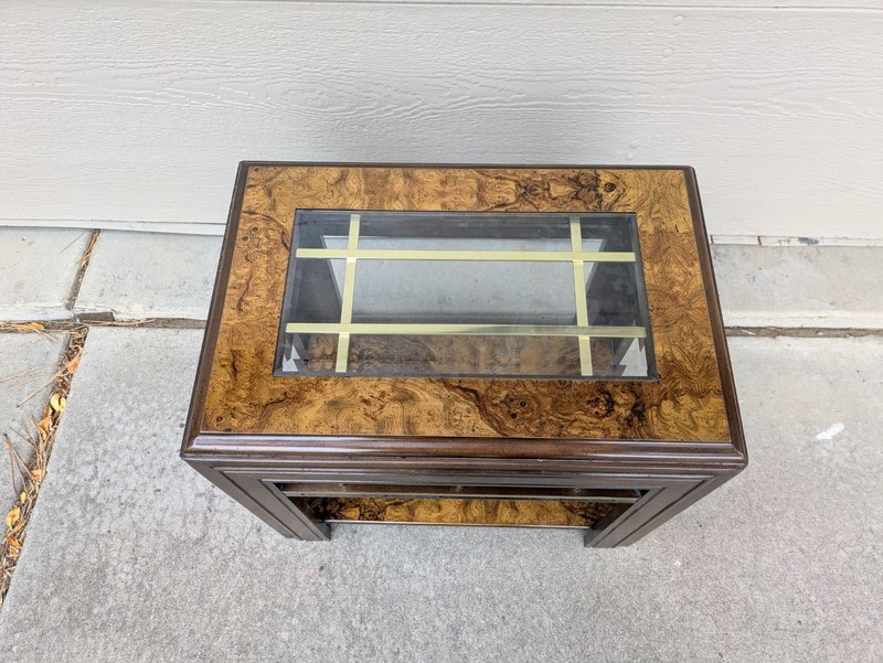 Vintage Mid Century Modern Burl Wood Glass 2-Tier End Table Hollywood Regency K4 gallery
