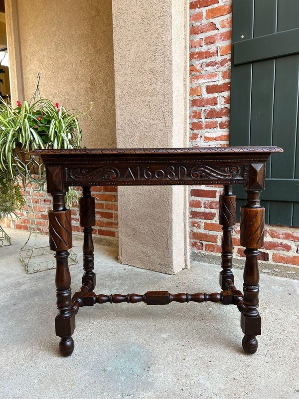 Antique English Carved Oak Hall Sofa Table British Tudor c1900 gallery