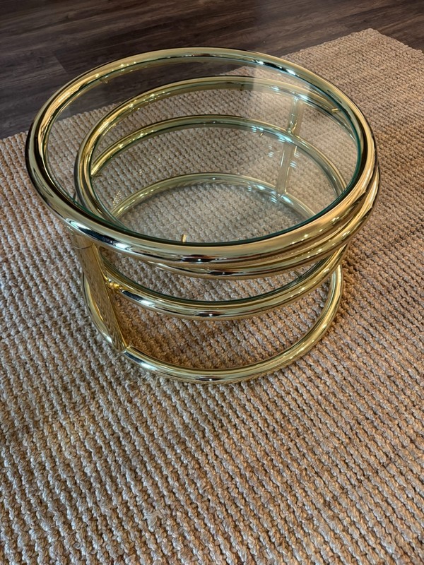 Vintage MCM Round Swivel 3 Tier Brass & Glass Table, MILO BAUGHMAN Style gallery