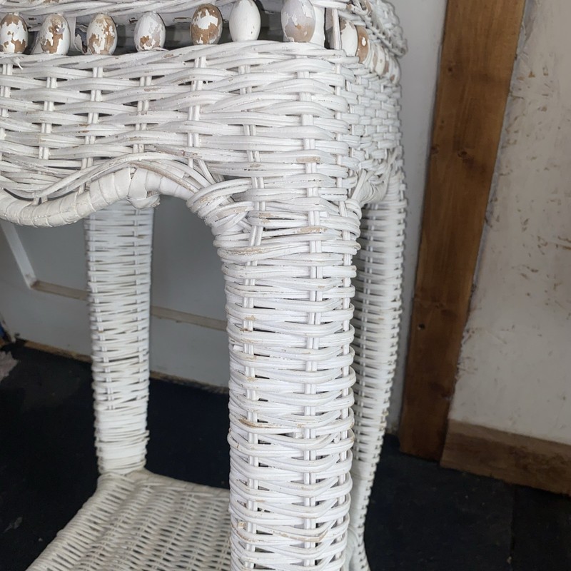 Vtg Wicker Rattan Plant Stand Boho Side Table Round Shabby White Wood Beads 28” gallery