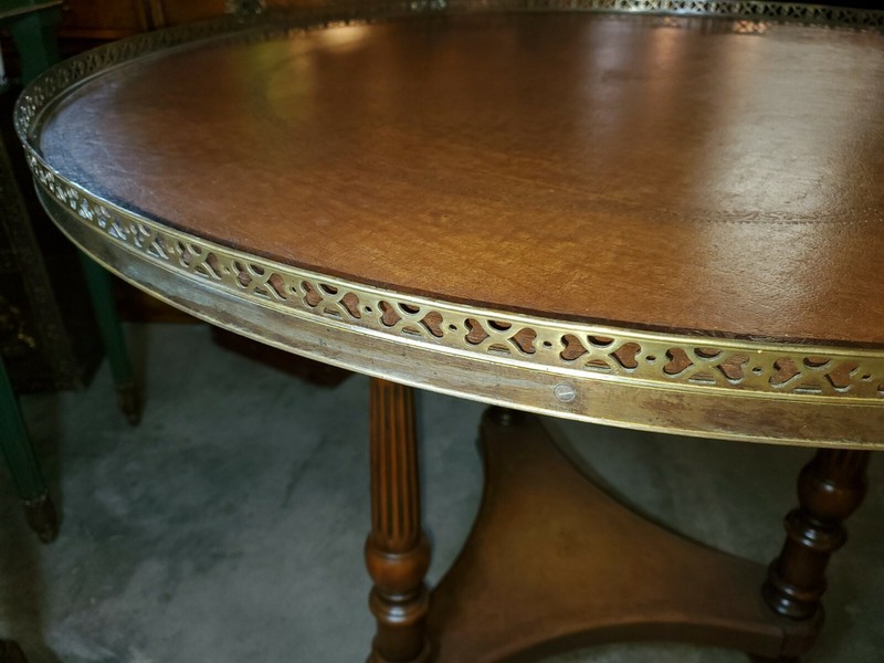 Theodore Alexander Round Leather Top Center Table w/ Brass rail gallery