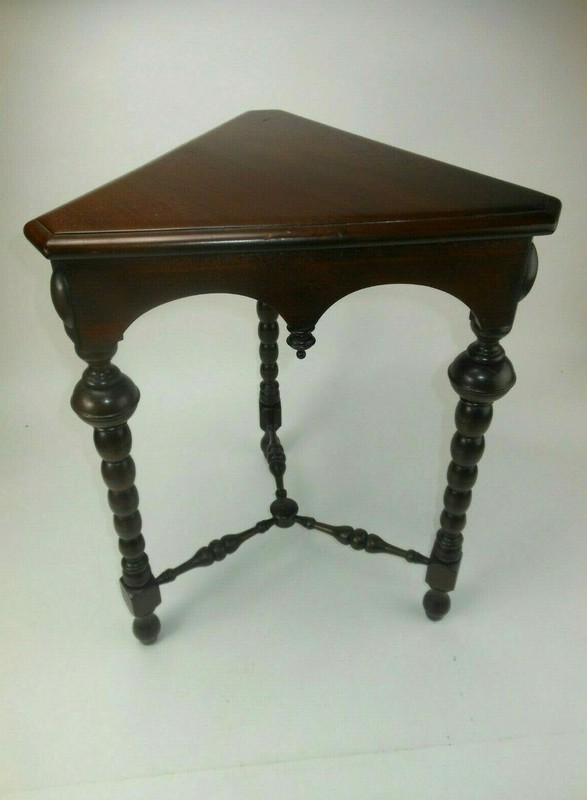 Antique Kittinger Triangle Walnut Table Stand w Turned Legs Triangle Top gallery