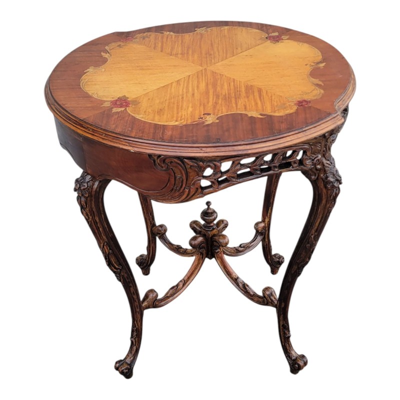 1940s Italian Walnut & Satinwood Inlay Carved Side Sofa Occasional Table gallery