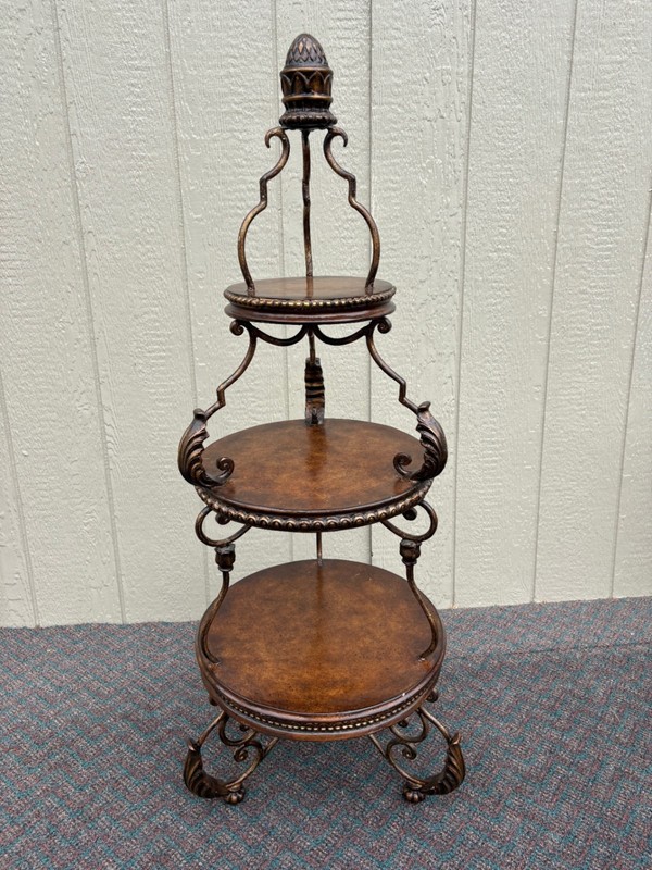 67831 Ornate Three-Tier Accent Table with Metal Scrollwork and Wood Finish gallery