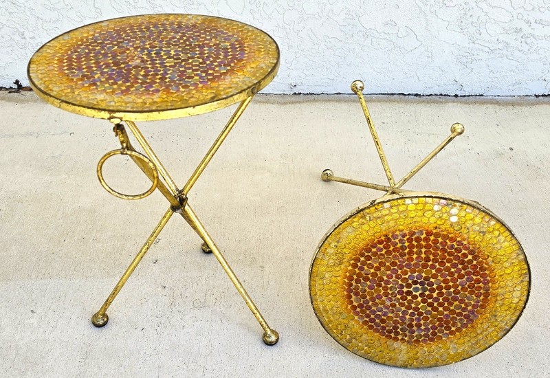 Italian Gold Gilt Folding Mosaic Side Drink Tables 1960s Pair