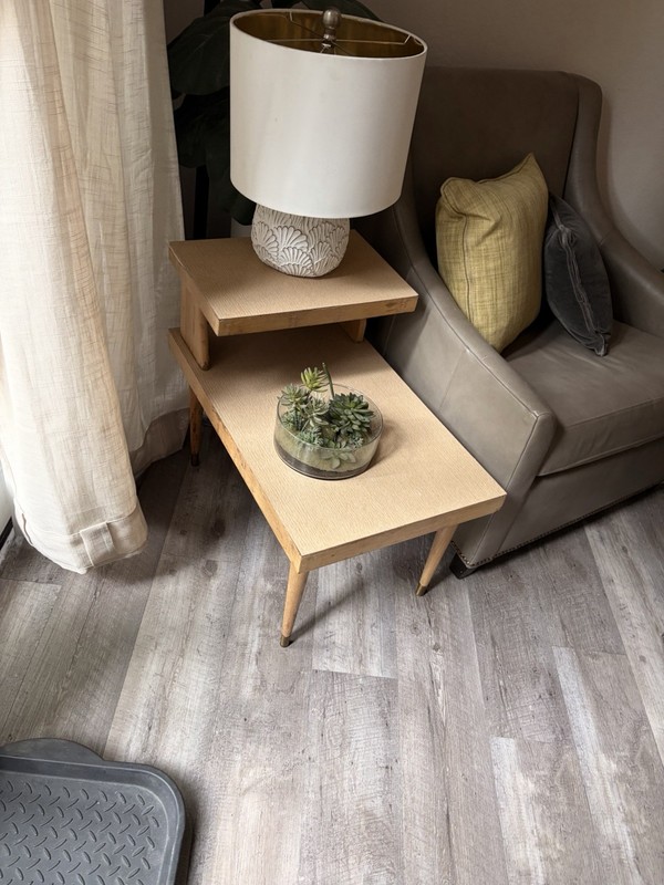 MCM Two Tier End Table Formica Top. Brass Capped Legs. gallery