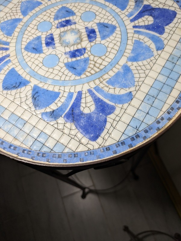 Vintage Set of 2 Blue Mosaic Tile Top Pedestal Tables Plant Stand Wrought Iron gallery