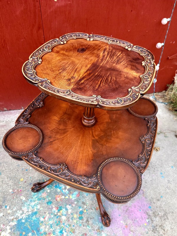 Antique  two tier occasional  table with  beautiful  carved wood gallery