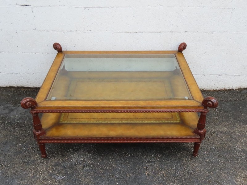 Maitland Smith Glass Top and Leather Cocktail Coffee Table 6333