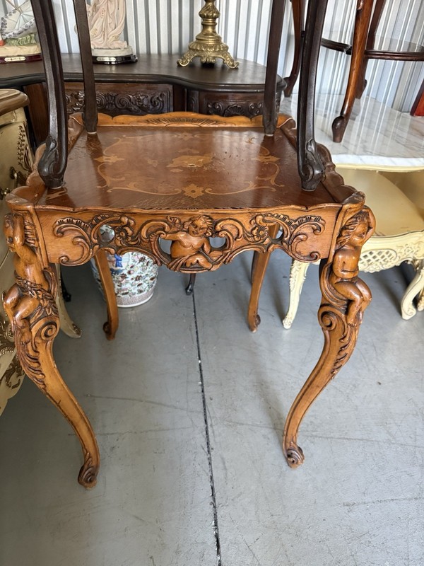 Carved walnut tray-top table with marquetry inlay in Renaissance Revival style gallery