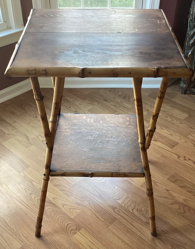 Antique Bamboo & Oak Aesthetic Movement Victorian Side Parlor Lamp Table 29x19sq gallery