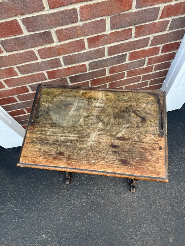 vintage wood Table Desk With Lyre trestle Legs 29”x19”x13” gallery