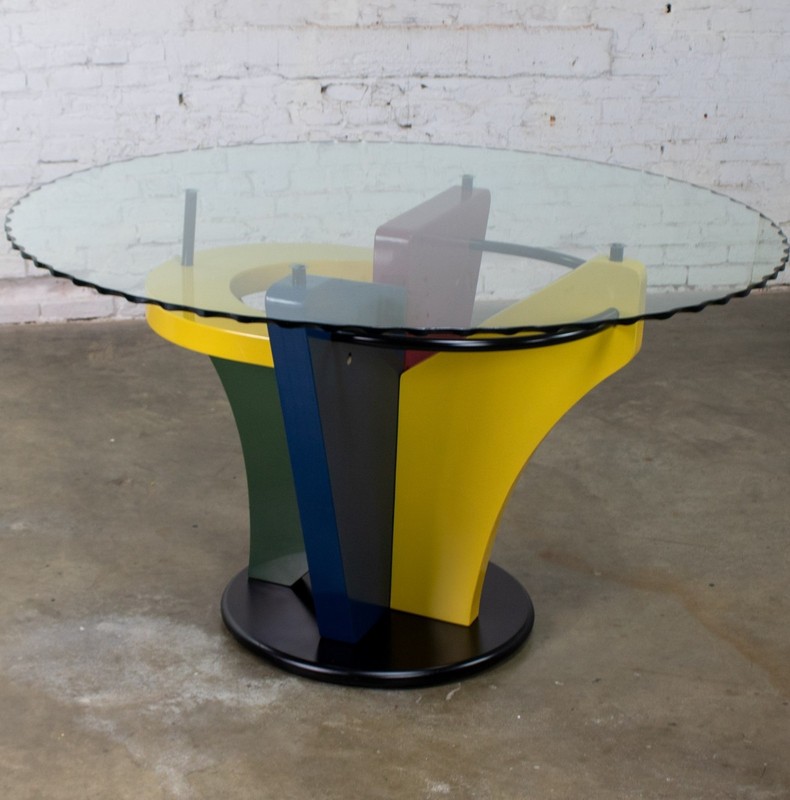 Postmodern Dining Table Geometrical Base Round & Glass Top Style Memphis Group gallery