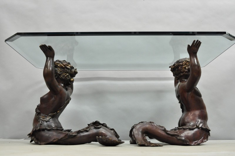 Vintage French Neoclassical Figural Bronze Merman Mermaid Glass Top Coffee Table gallery