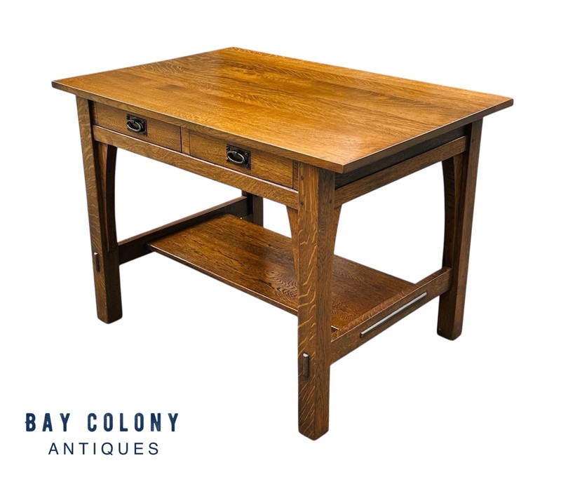 Antique Arts & Crafts Mission Oak Two Drawer Library Table by Gustav Stickley gallery