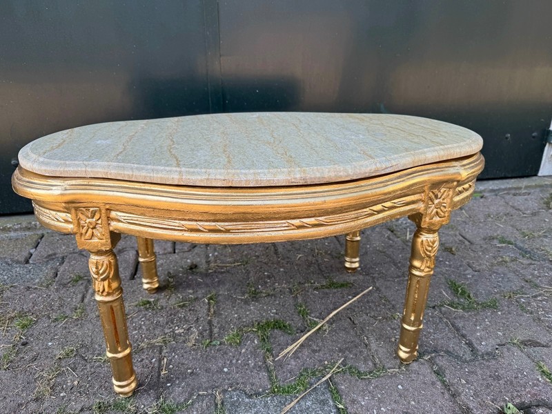 Table French Louis XVI 1950 Gold Beech Marble Oval Coffee Side Accent Table gallery