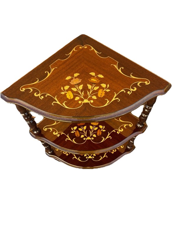 Set Of 2 Vintage Italian Inlaid Mahogany 3 Tier Corner Tables gallery
