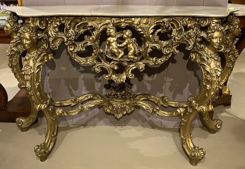 Louis XV Style Marble Top Carved Giltwood Console, Cherub & Figural Decorations gallery