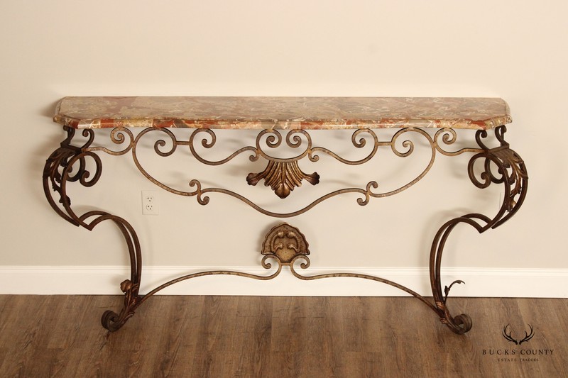Rococo Style Custom Wrought Iron Marble Top Console Table gallery