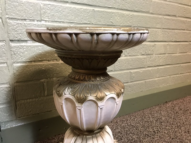 VINTAGE HEAVY PLASTER CEMENT GREEK ROMAN ROUND ORNATE PLANT STAND TABLE 11 X 16” gallery