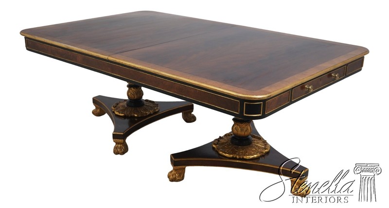L69715: BAKER Double Pedestal Neoclassical Burl, Ebony & Gold Dining Table