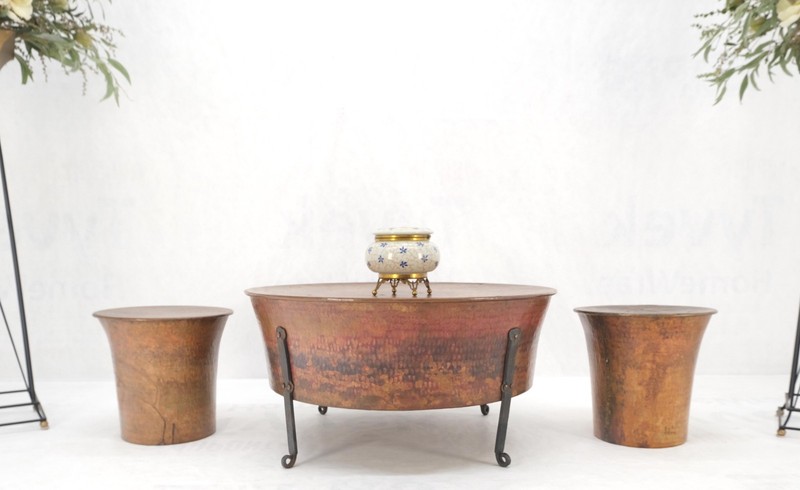 Vintage Hummered Forged Copper & Iron Round Coffee Table & Pair of Stools Seats gallery