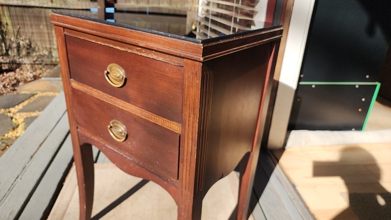 Antique Hardwood 2 drawer side table with Curved Legs & Black Glass Top gallery