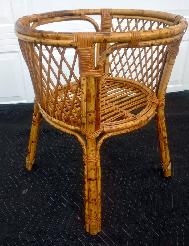 Mid Century Round Burnt Bamboo Side End Table Glass Top Dining Table Base