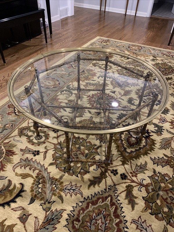 Vintage Round Baker Faux Bamboo Glass Brass Coffee Table (38 X 18h)