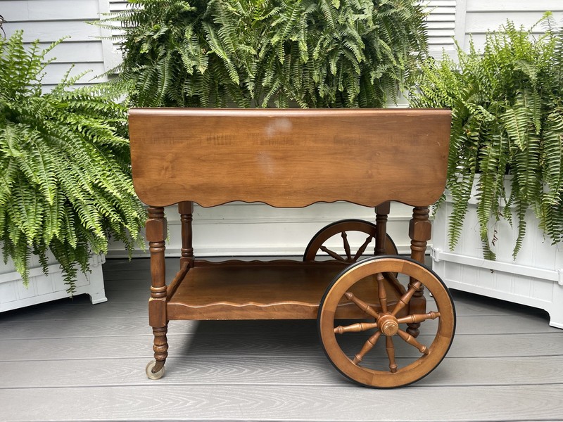 VTG ETHAN ALLEN MAPLE ROLLING TEA CART DROP LEAF SIDE END COFFEE TABLE W/ SHELF